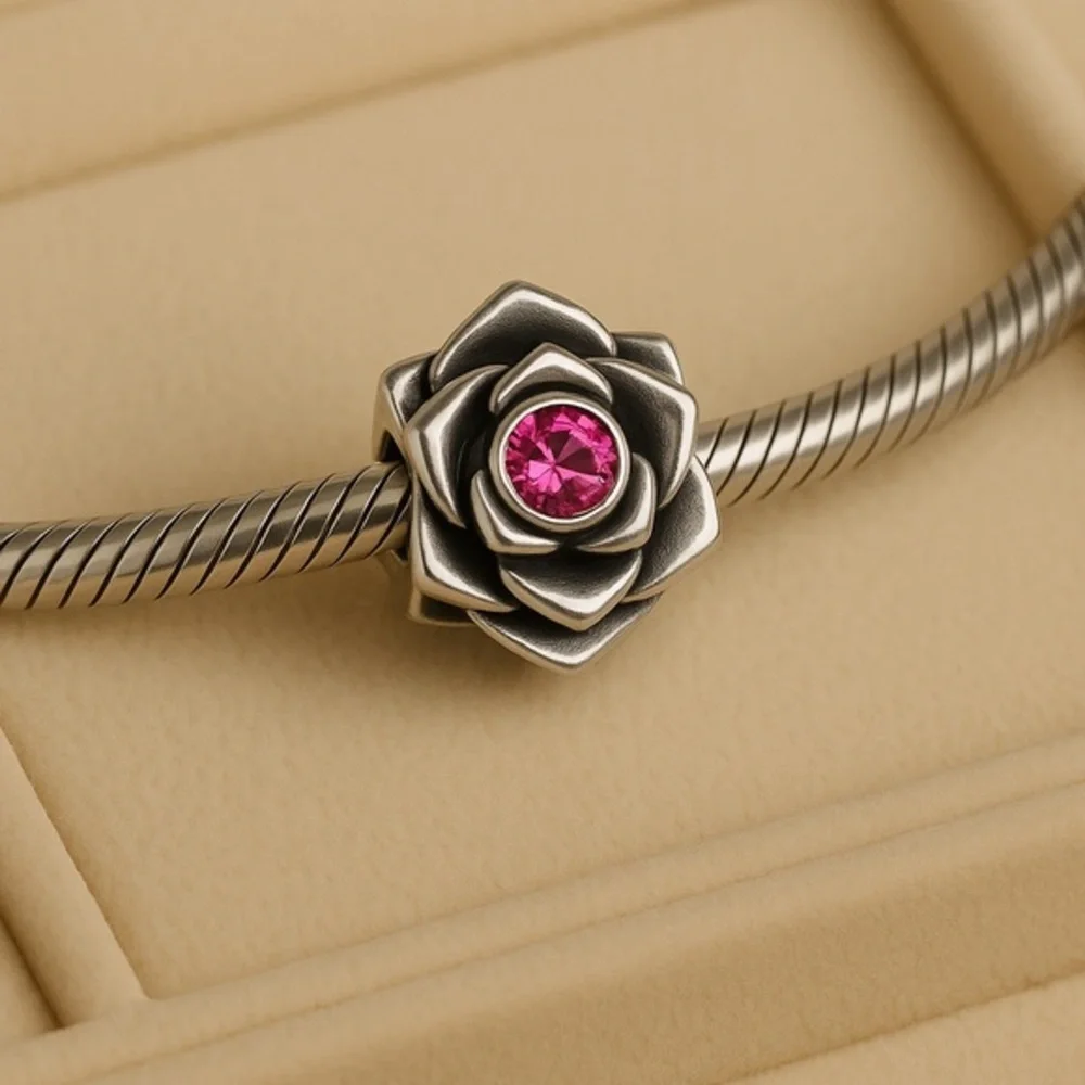 Chamilia Pink Purple Rose Swarovski .925 Charm Bead EUC #193